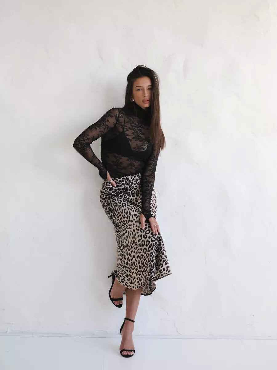 Satin Skirt Sexy Leopard Print Maxi Skirt High Waist Elastic Silky Maxi Skirt
