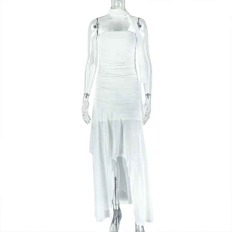 Solid Color Women Slim Fit Slightly Transparent Asymmetric Tube Top off Neck Strap Length Dress