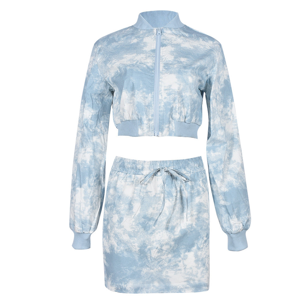 Autumn Winter Tie Dyed Long Sleeved Sweater Elastic Short Skirt Micro Elastic Two Piece Set - ALZO