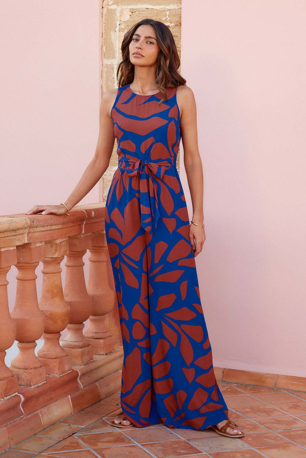 Summer round Neck Printed Waist Controlled Wide Leg Jumpsuit Women - ALZO