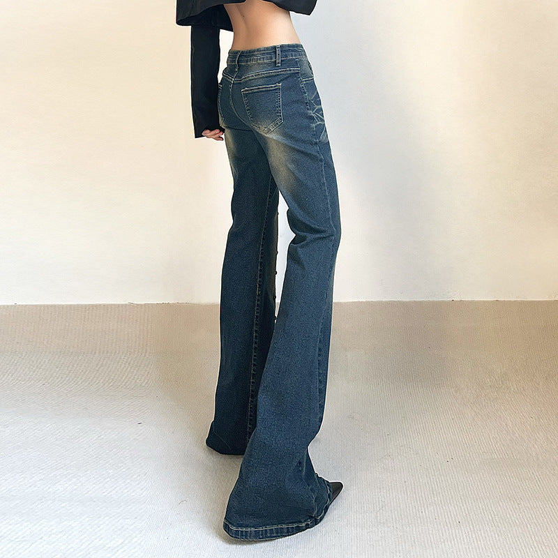 Women Special Rivet Washed Wear White Thin Leg Jeans Sexy High Waist Slimming Mopping Floor Bootcut Trousers - ALZO