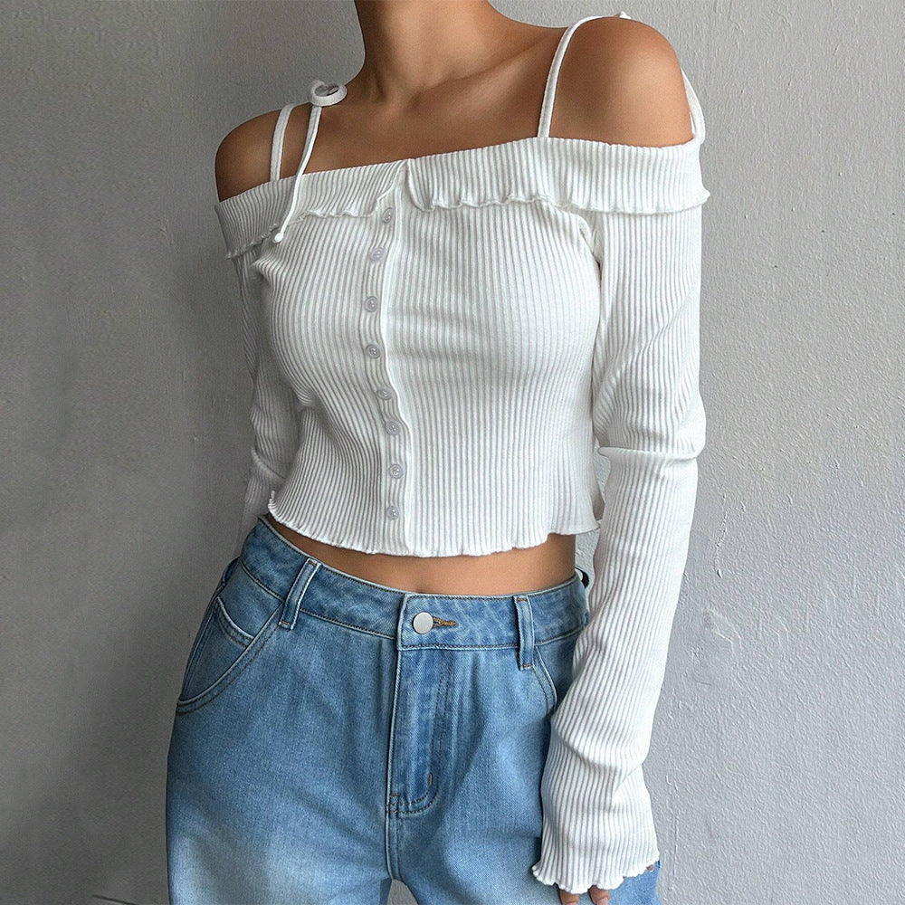 Women Clothing Simple Sweet T Shirt Autumn Winter Boat Collar Strap Short Long Sleeve Top - ALZO
