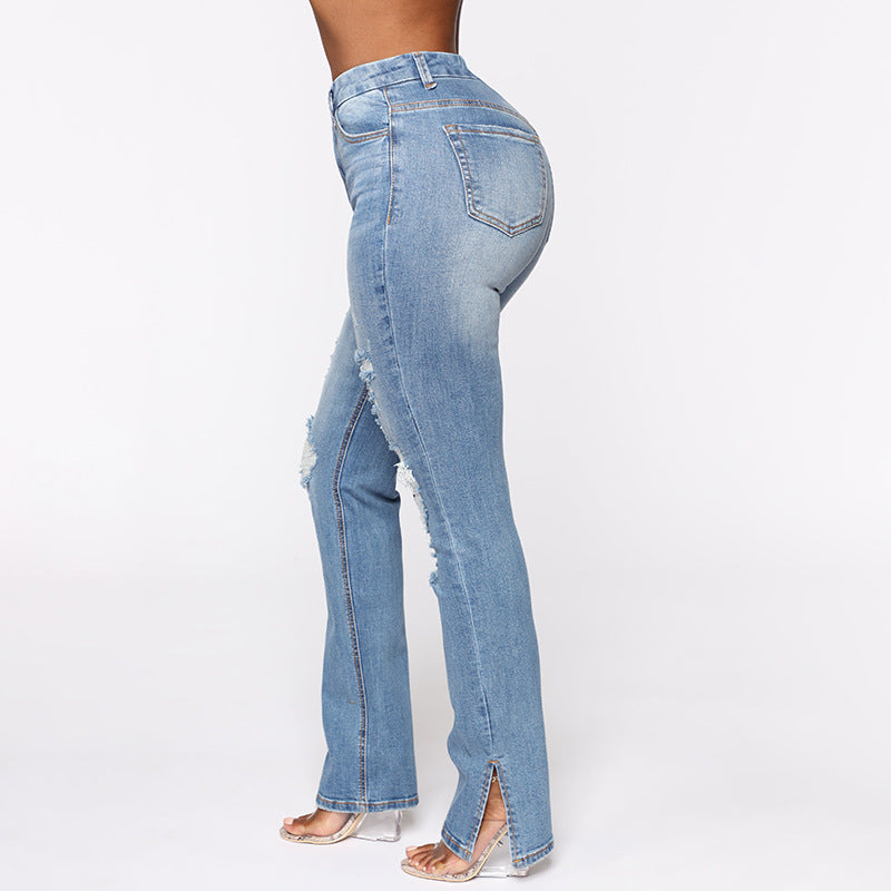 Split Jeans Women Arrival Blue Washed Ripped High Waist Stretch Jeans - ALZO