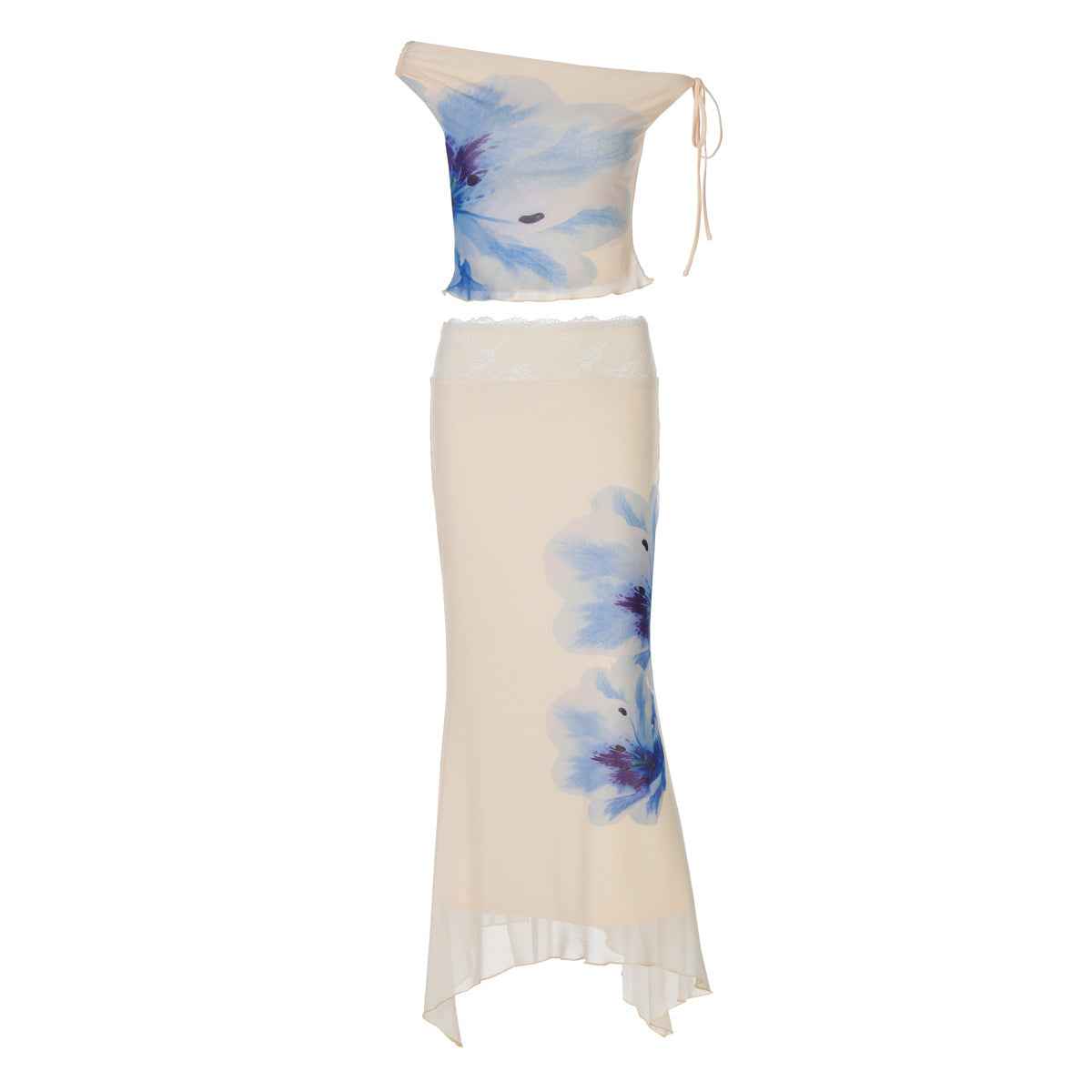 Women Clothing Summer Printed Diagonal Collar Lace up Top Slim Wave Edge Skirt Set