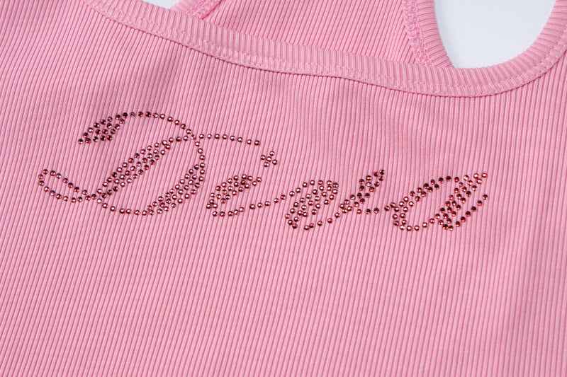 Women Clothing Spring Sexy U Collar Letters Drilling Sleeveless Vest
