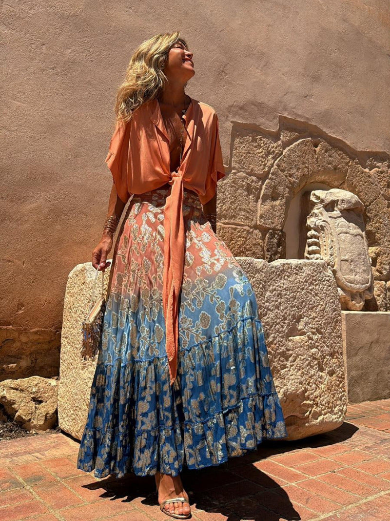 Summer Internet Celebrity Same Printed Ruffled Embellished Big Hem Skirt - ALZO