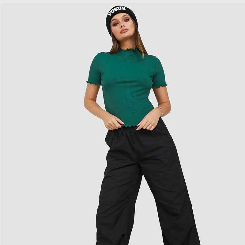 Women Clothing Women Short Sleeve Solid Color Turtleneck T Shirt Thread Sunken Stripe High Elastic Top