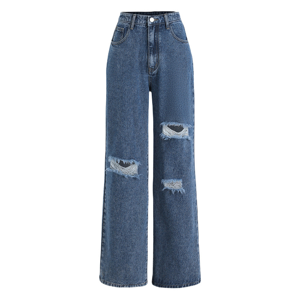 Black Classic Hole Washing Straight-Leg Denim Trousers Jeans - ALZO