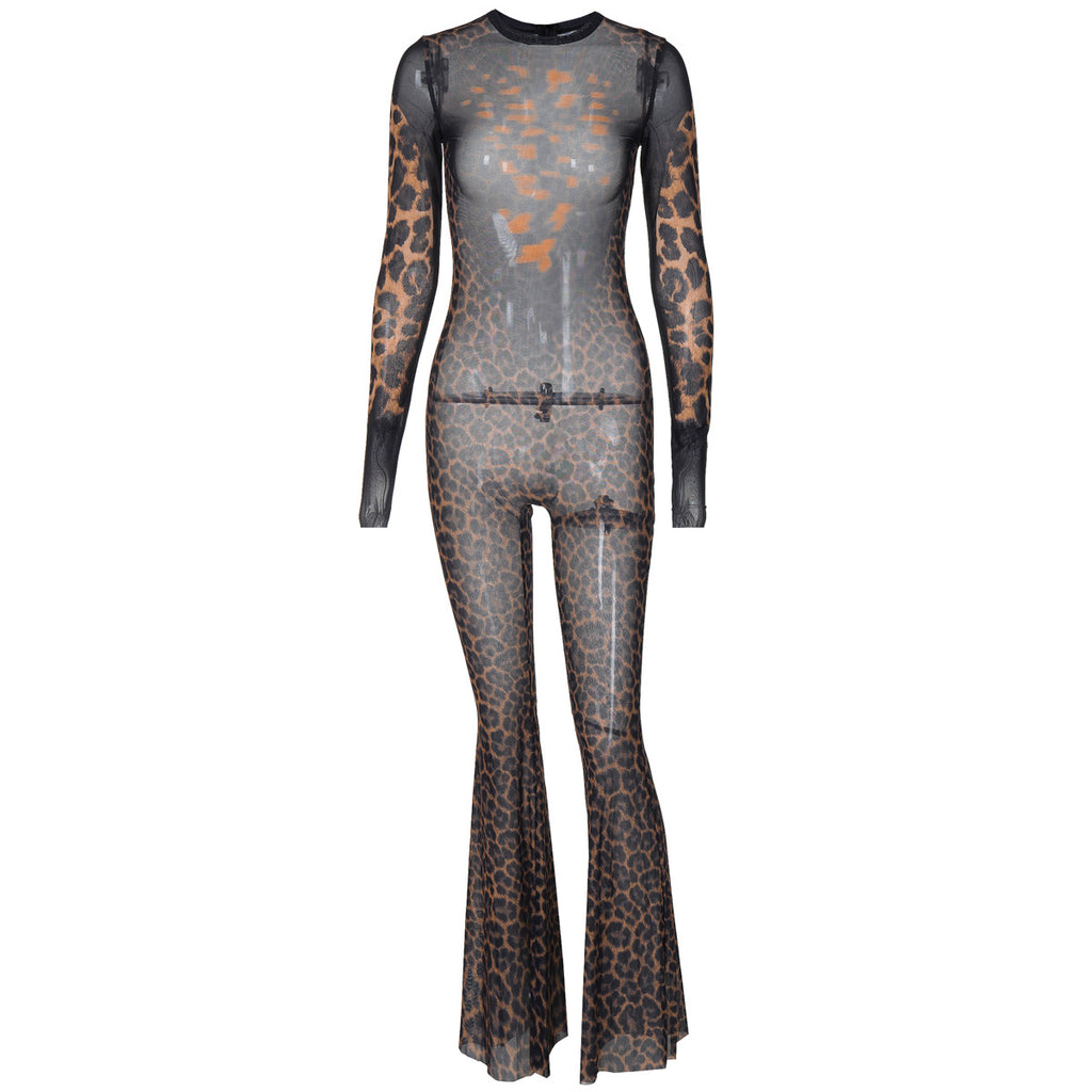 Mesh See through Sexy Jumpsuit Winter Long Sleeve Printed Flared Pants Women - ALZO