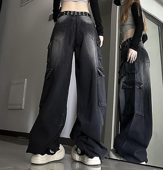 Retro Multi Pocket Jeans Loose Straight Casual Wide Leg Pants Washed Cargo Pants - ALZO