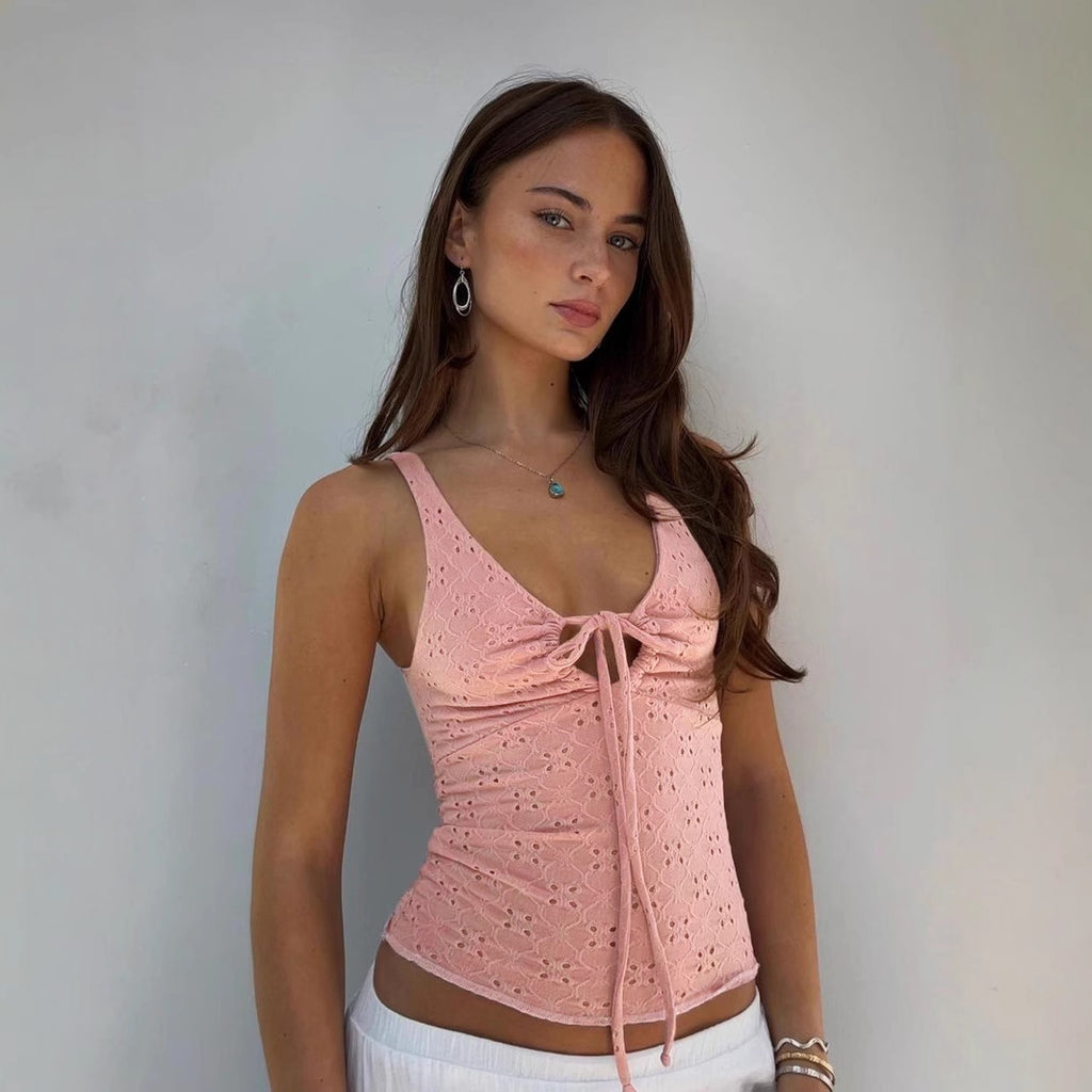 Sexy Little Fresh Hollow Out Cutout out Tied Texture Vest Spring Autumn Outer Wear Vacation V neck Strap - ALZO