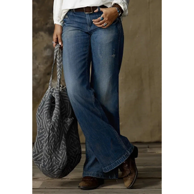 Retro Casual Straight Wide Leg Women Jeans - ALZO