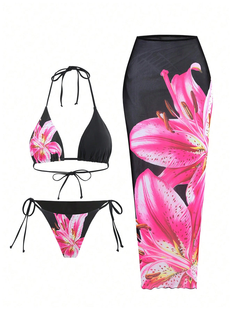 Sexy Bikini Vintage Printed Tropical Skirt Split Strap Beach Three Piece Swimsuit - ALZO