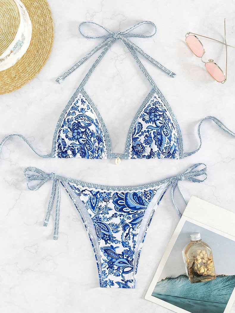 Print Split Blue White Porcelain Bikini Two Piece Sets Women Swimsuit