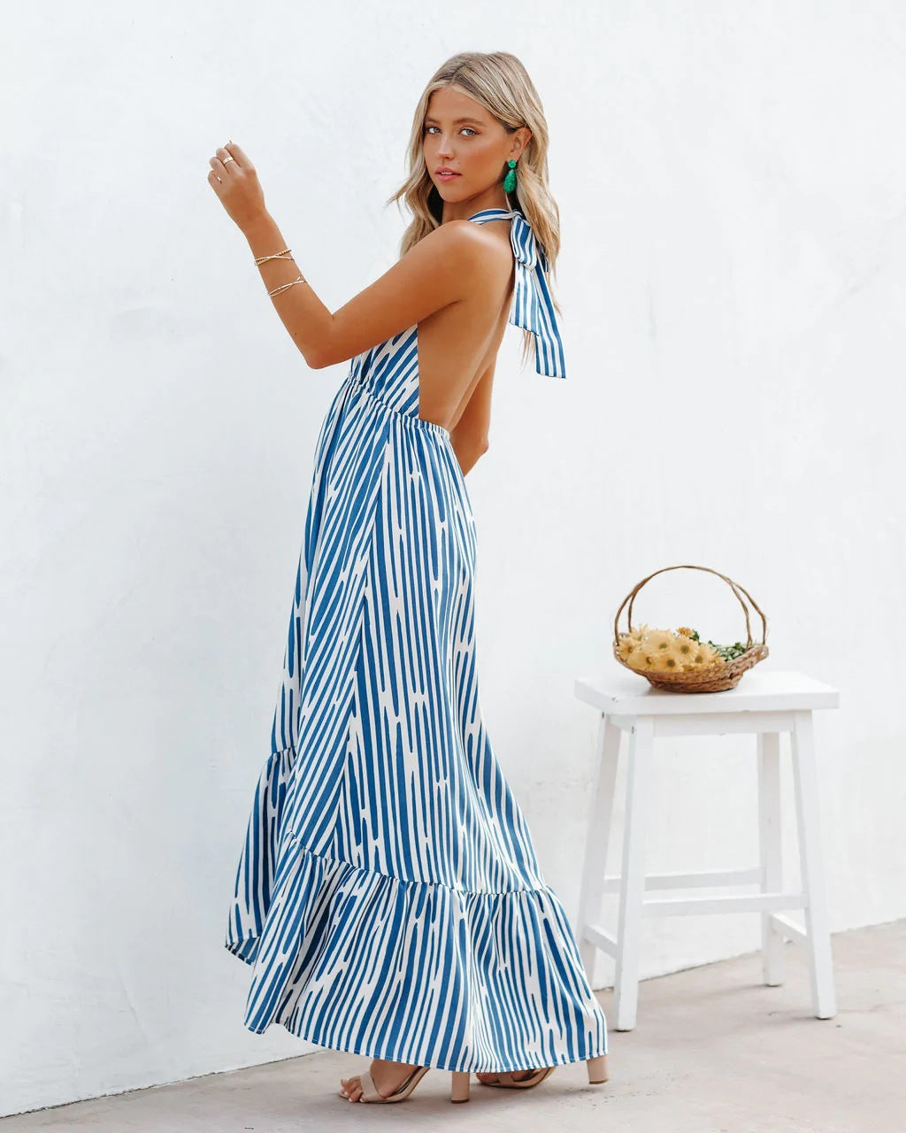 Pleated Backless Halter Elegant Dress Dress Women Clothing - ALZO