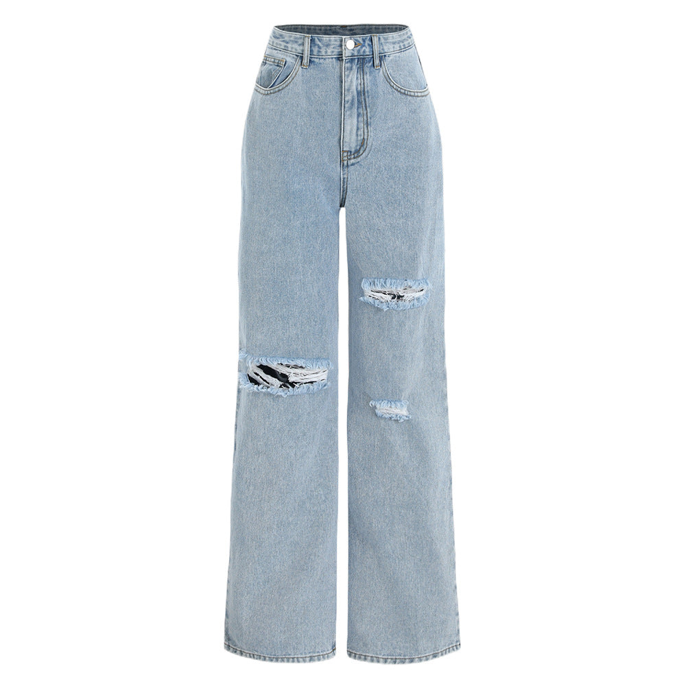 Black Classic Hole Washing Straight-Leg Denim Trousers Jeans - ALZO