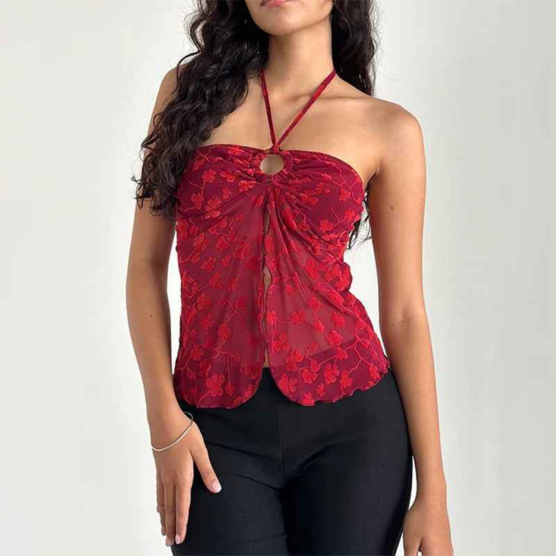 Sexy Top Spring Summer Flocking Vintage Printed Sexy Halterneck Vest