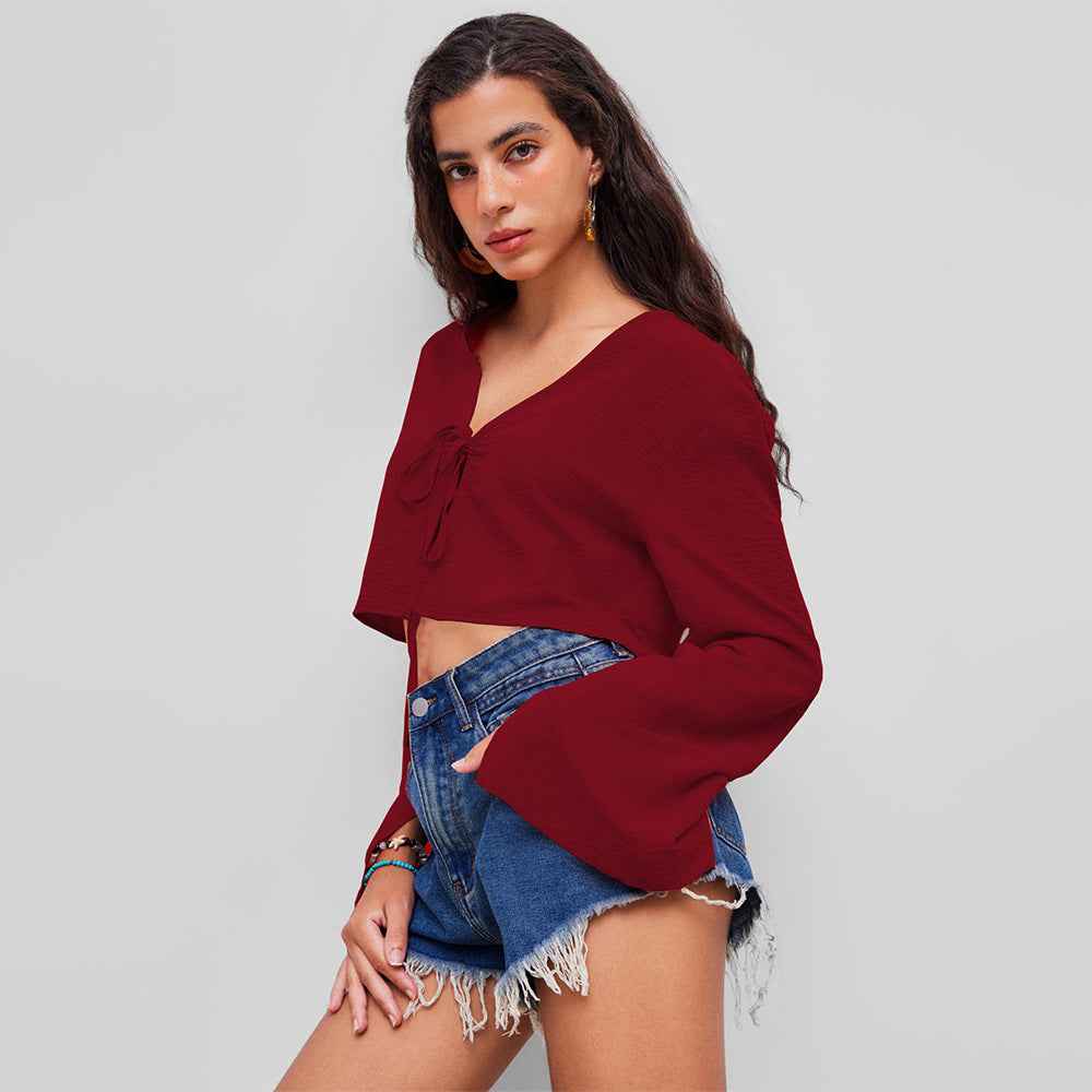 Sexy V Neck T Shirt Autumn Winter Chest Lace Up Niche Wine Red Cardigan Top Women