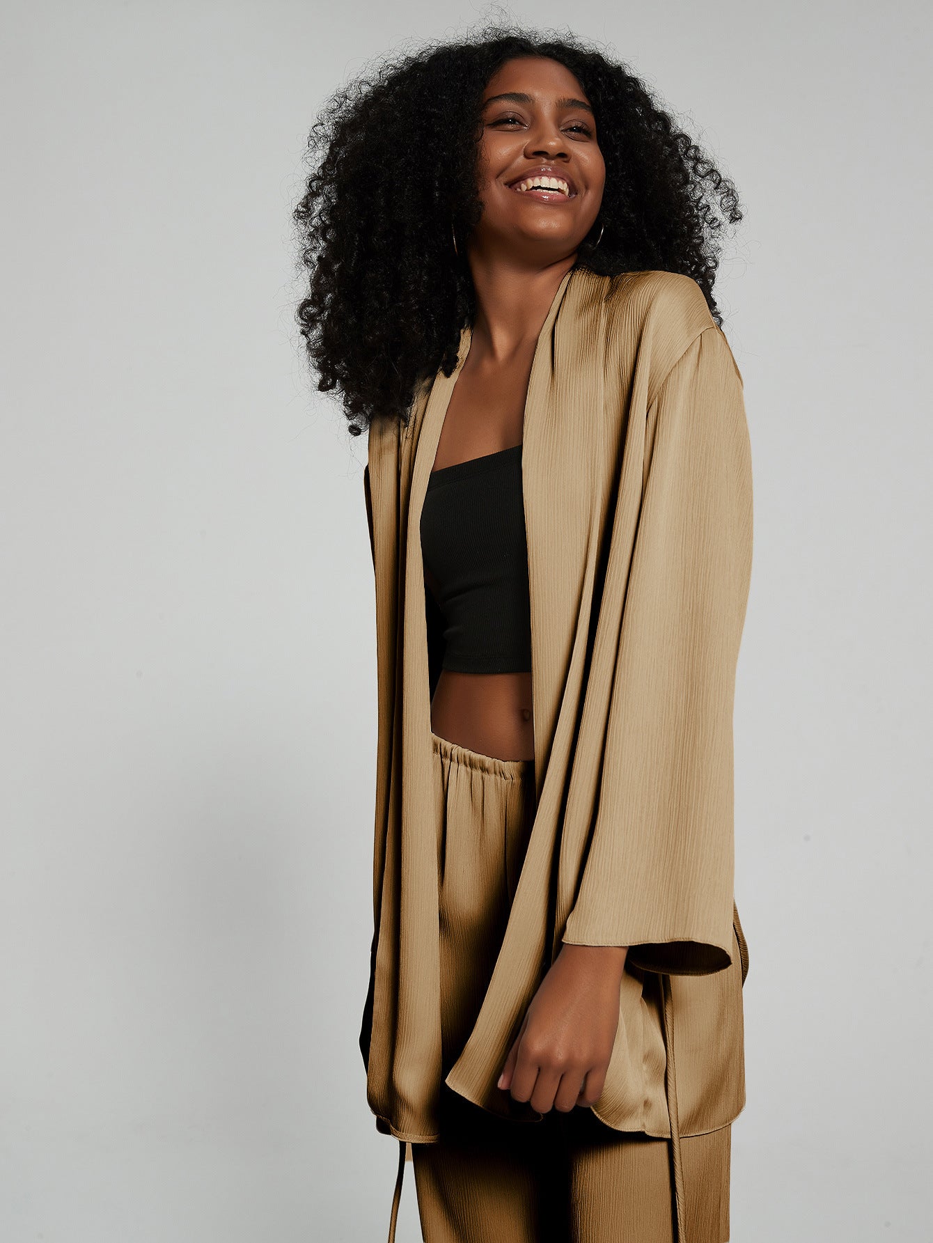 Women Clothing Two Piece Sets Collared Tied Tight Waist Pleated Coat Top Loose Trousers Autumn - ALZO