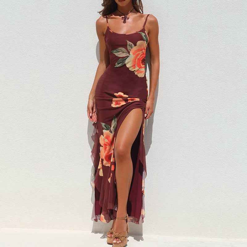 Sexy Long Women Floral Mesh Ribbon Slit Sheath Suspender Dress