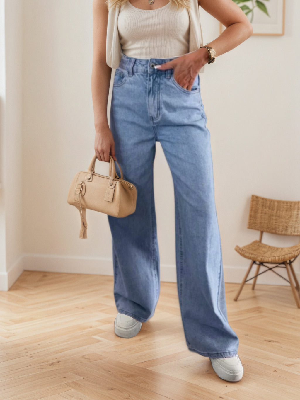 Nostalgic Light Color Stretch High Waist Loose Retro Wide Leg Denim Trousers - ALZO