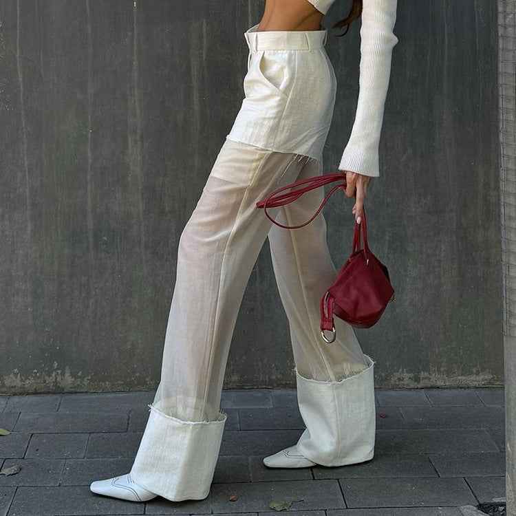 Street High Waist Wide Leg Pants Women Spring Gauze Stitching See through Casual Pants
