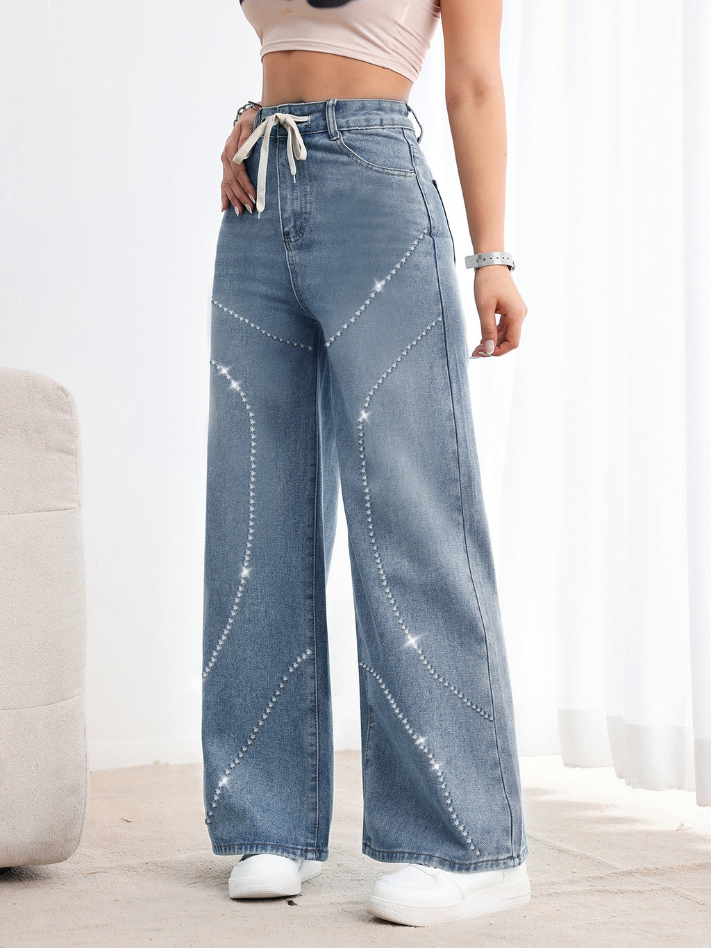 Rhinestone Beaded Heavy Industry Street Sexy High Waist Straight Leg Denim Trousers Jeans - ALZO
