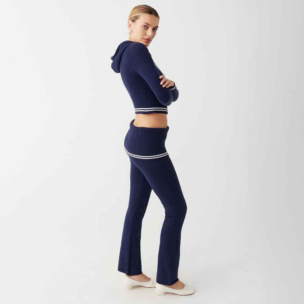 Fall Winter Knitted Two-Piece Sexy Bare Cropped Slim Fit Hoodie Bootcut Pants