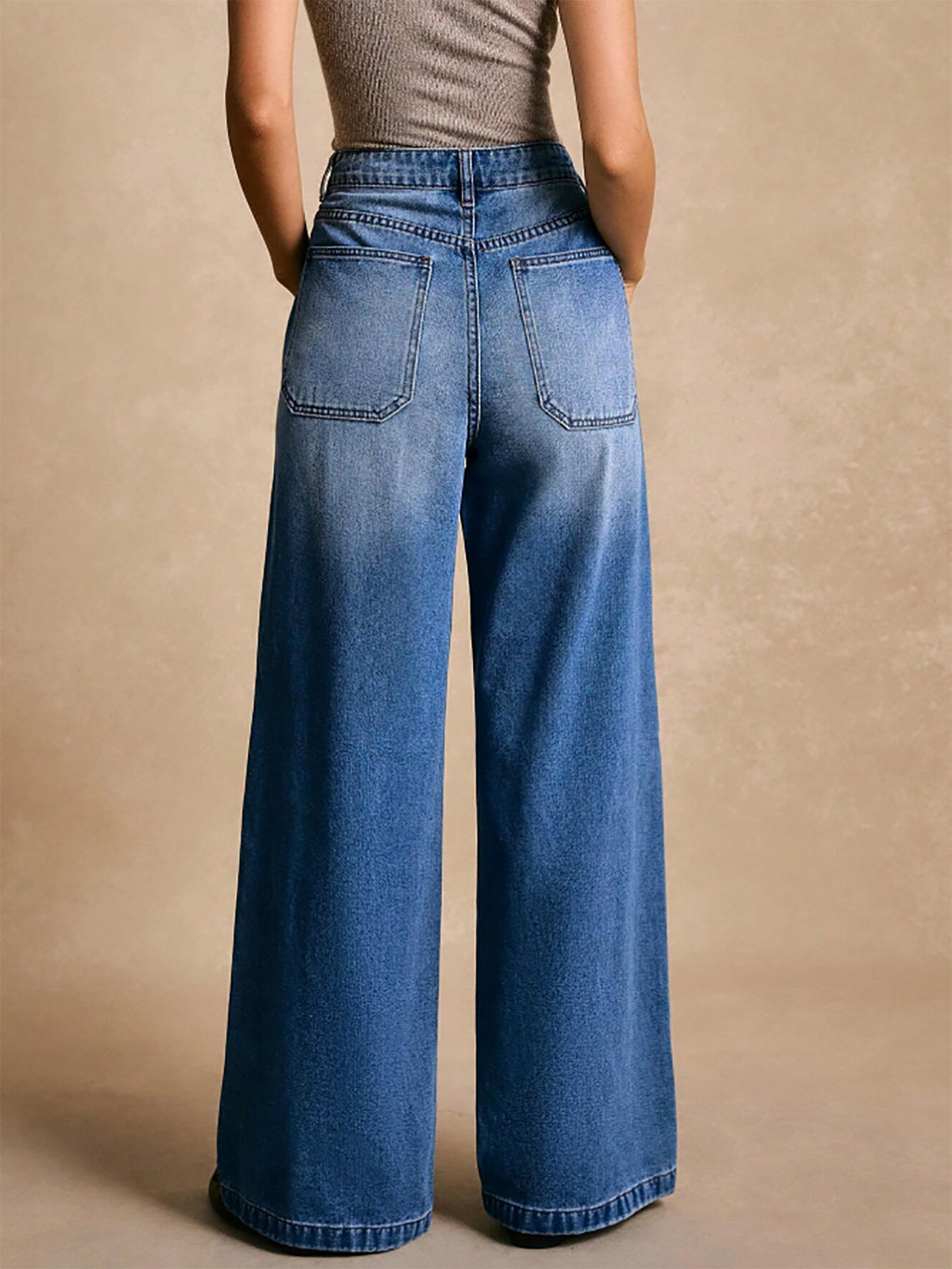 Rivet Inlaid Pocket Wide Foot Mouth Washed Denim Slim Straight Trousers - ALZO