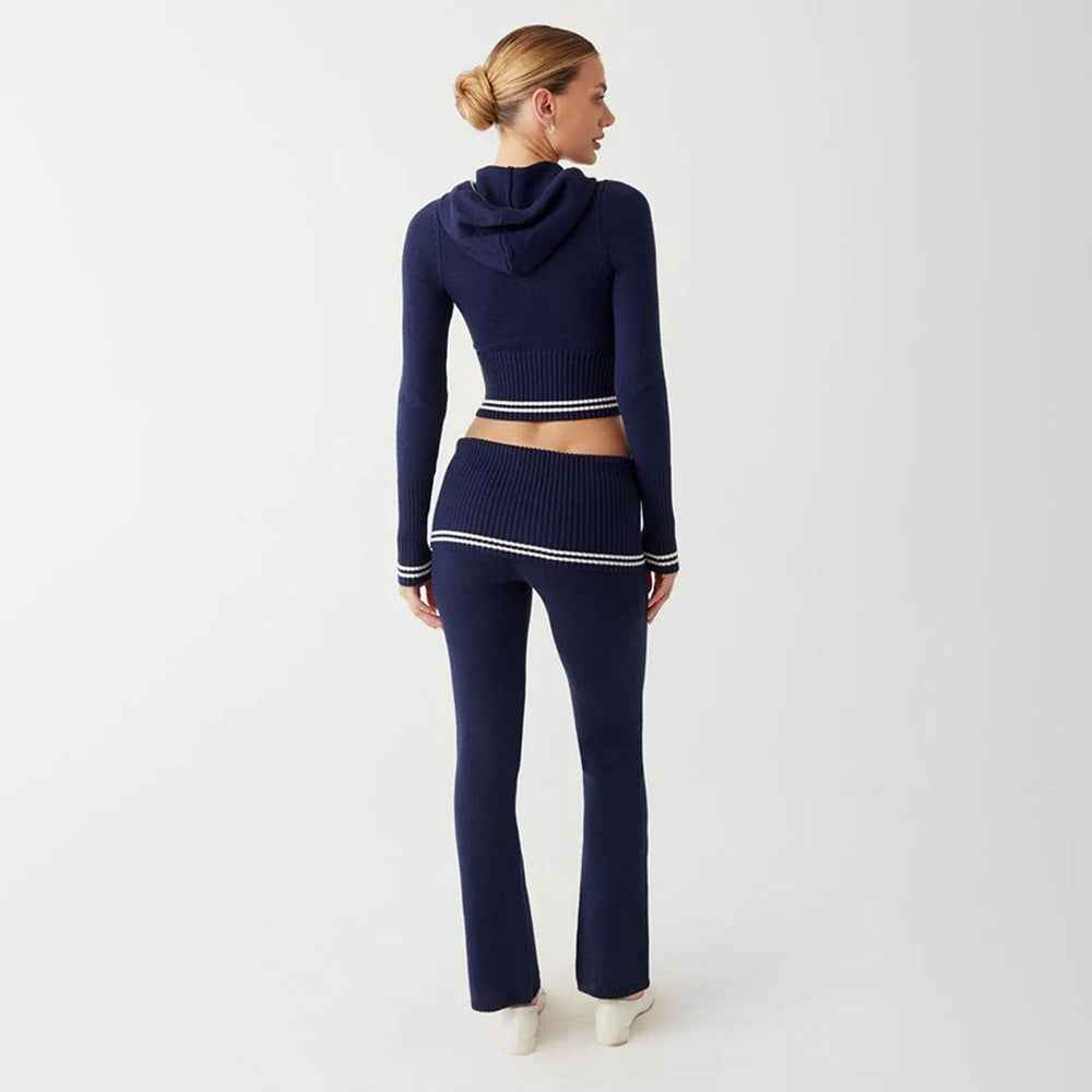 Fall Winter Knitted Two-Piece Sexy Bare Cropped Slim Fit Hoodie Bootcut Pants