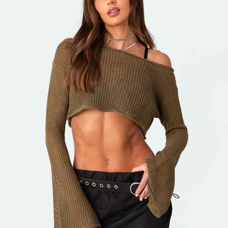 Knitwear Fall Women Clothing Sexy Cropped Short Off Shoulder Knitted Sweater Women