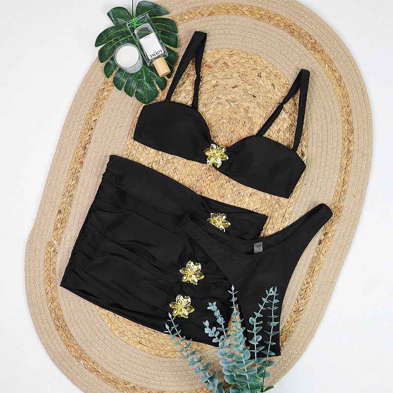 Black Swimsuit Bikini Three Piece Metal Ornament Split Half Skirt Swimsuit Women