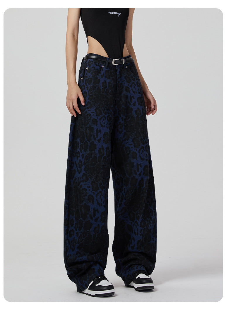 Retro Wide Leg Jeans Women High Street Leopard Print Loose Slimming Wide Leg Pants Jeans - ALZO