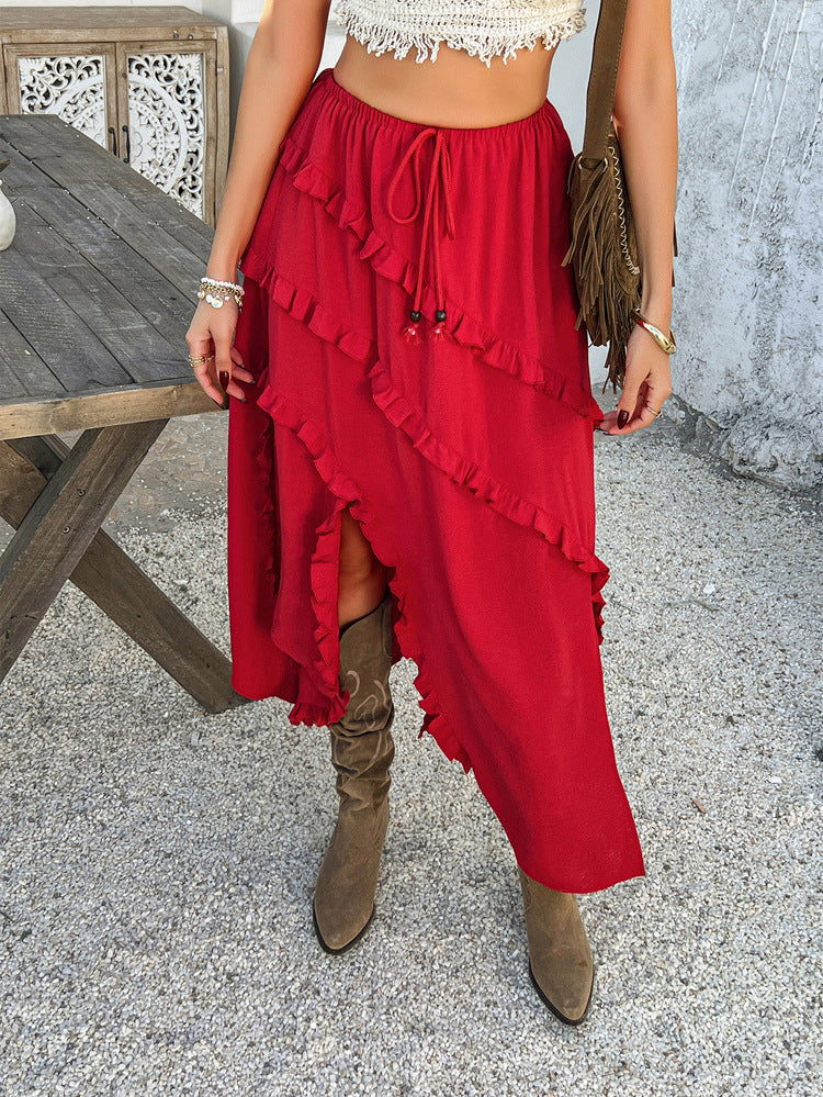 Spring Summer Casual Vacation Solid Color Flounce Trim Lace up Tight Waist Mid Length Skirt for Women - ALZO