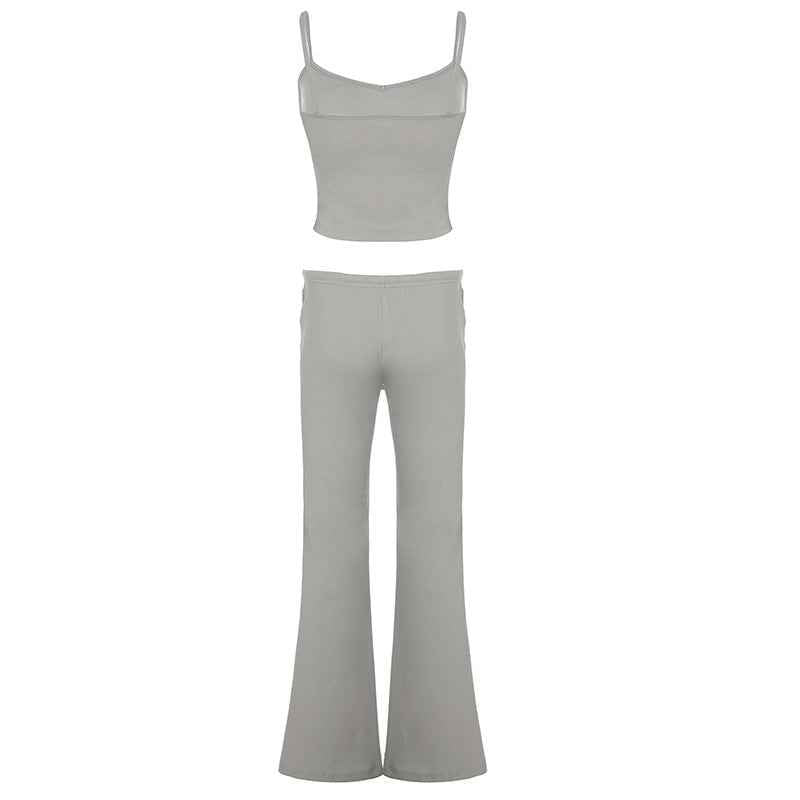 Casual Solid Color Vest High Waist Lace up Trousers Two Piece Set Home Wear Sports Women Clothing