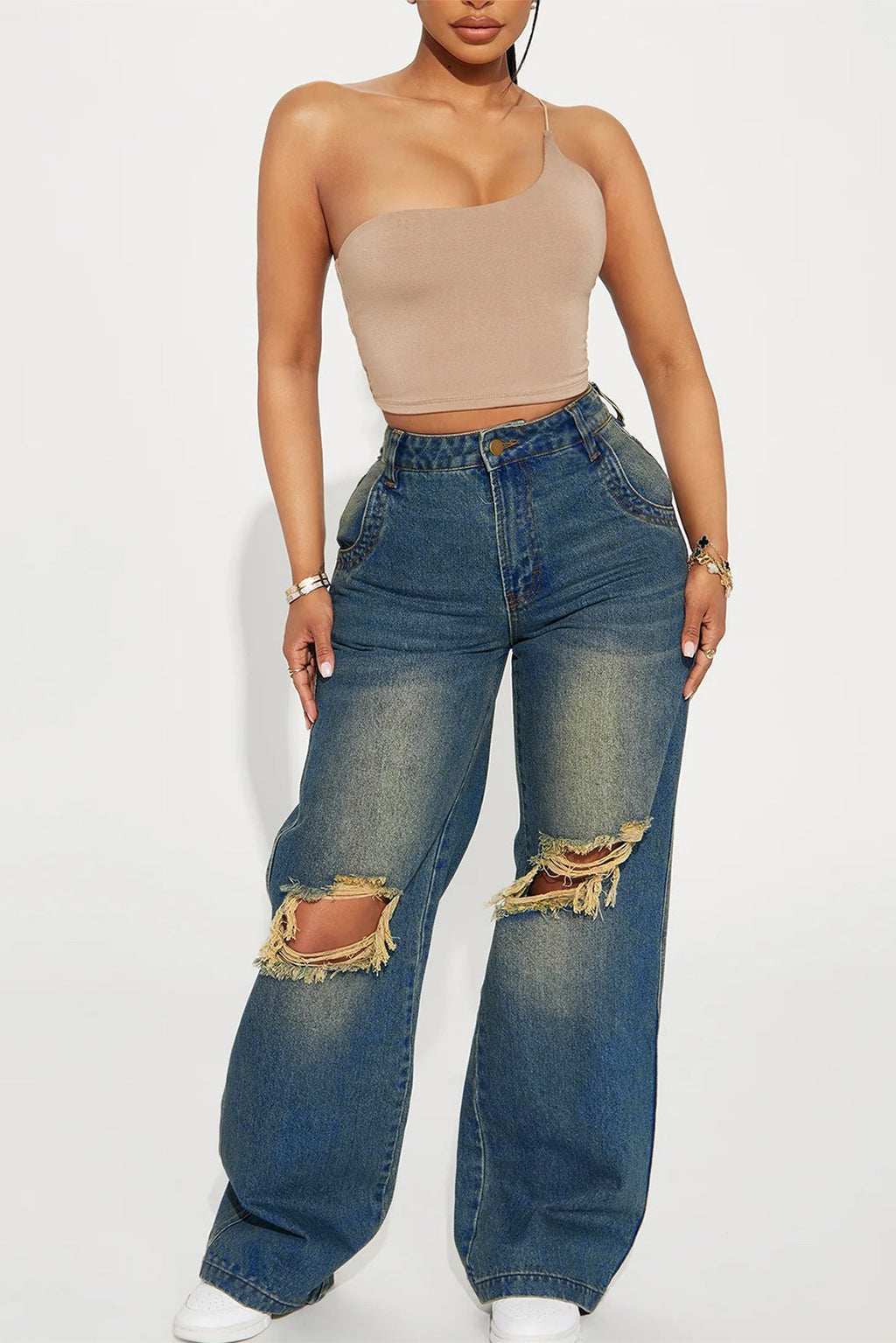 Women Retro Heavy Duty Washed Knee Ripped Wide Leg Denim Trousers - ALZO