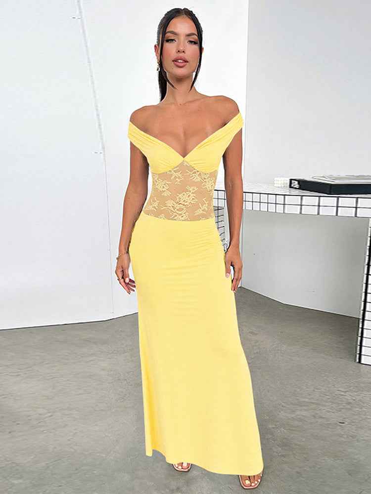 Women Clothing Solid Color off Shoulder Backless Lace Stitching A line Maxi Dress
