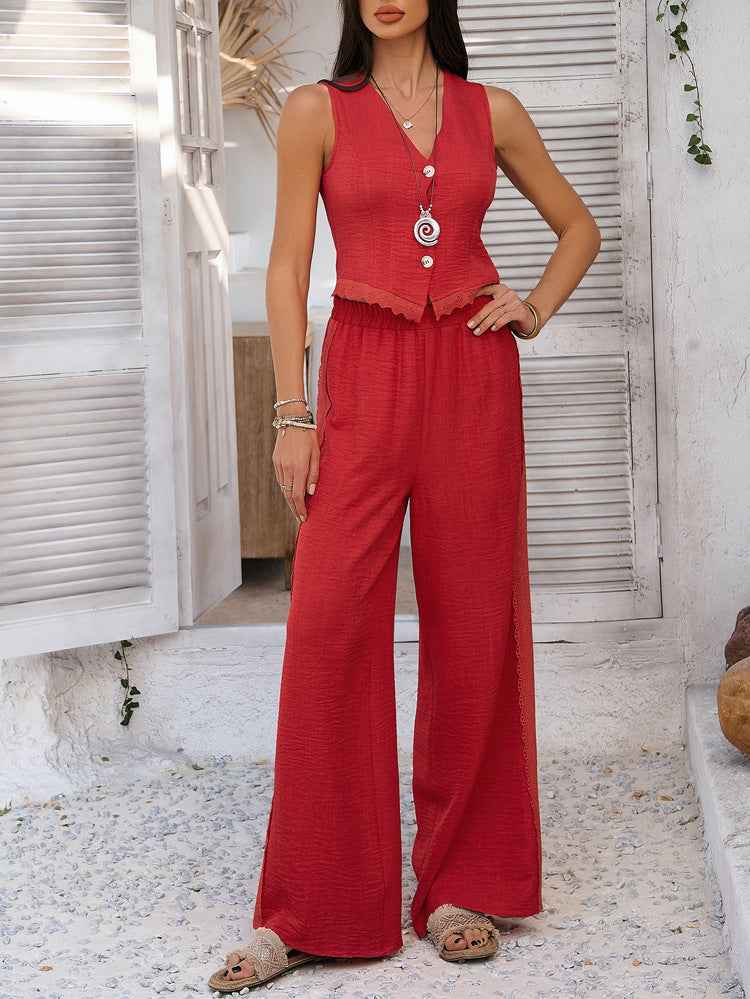 Spring Summer Casual Vacation Office Solid Color Cardigan BM Vest Wide Leg Trousers Set