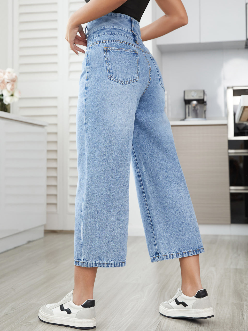 Denim Pants Women Straight High Waist Cropped Pants - ALZO