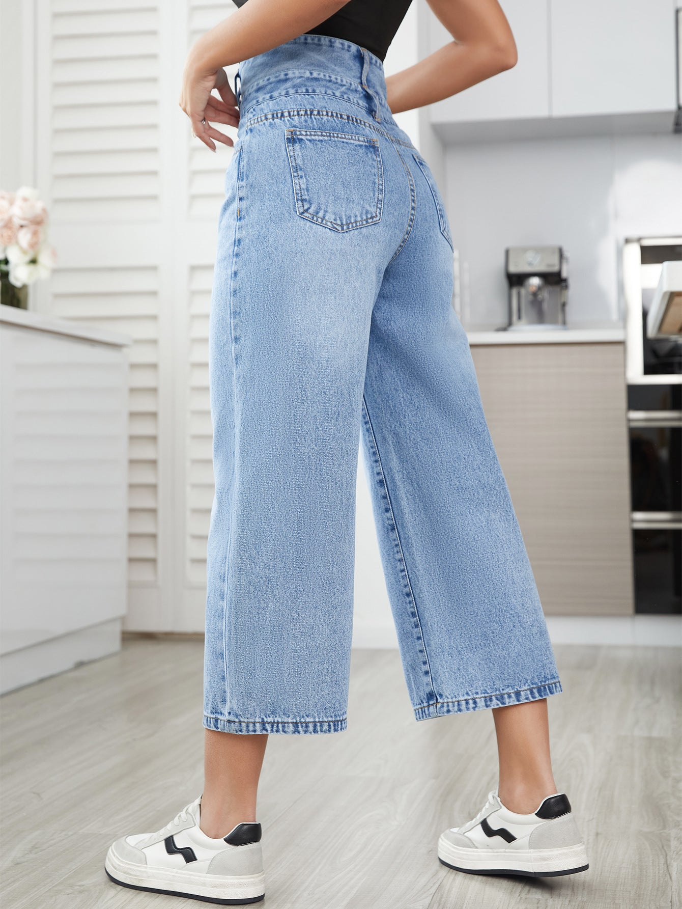 Denim Pants Women Straight High Waist Cropped Pants - ALZO