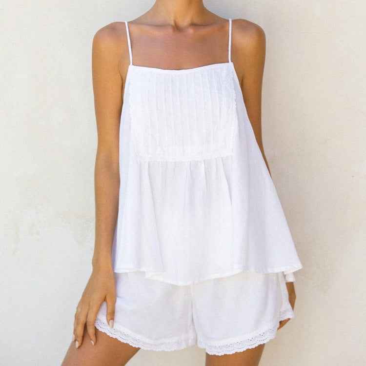 Cotton Casual Women White Sleeveless Loose Strap Top Shorts Two Piece Sets
