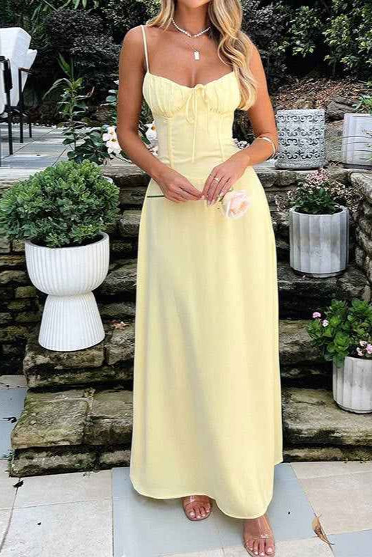 Spring Women Clothing Elegant Lace up A line Solid Color Sling Dress