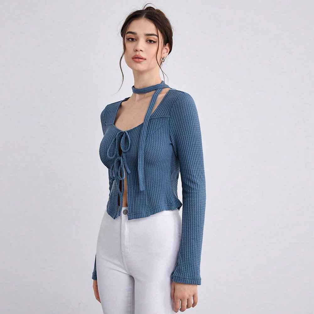 Sexy Cardigan Autumn Winter Women Clothing Lace up Cutout Waffle Long Sleeved T shirt Top