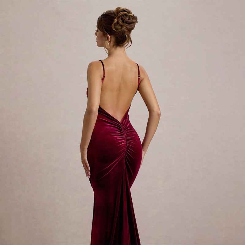 Autumn Socialite Sexy Velvet Pleated Fitted Waist Backless Sling Dress