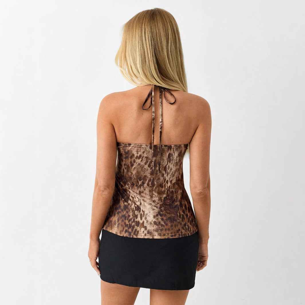 Women Clothing Leopard Print Tube Top Hanging Neck Micro Elastic Women Top
