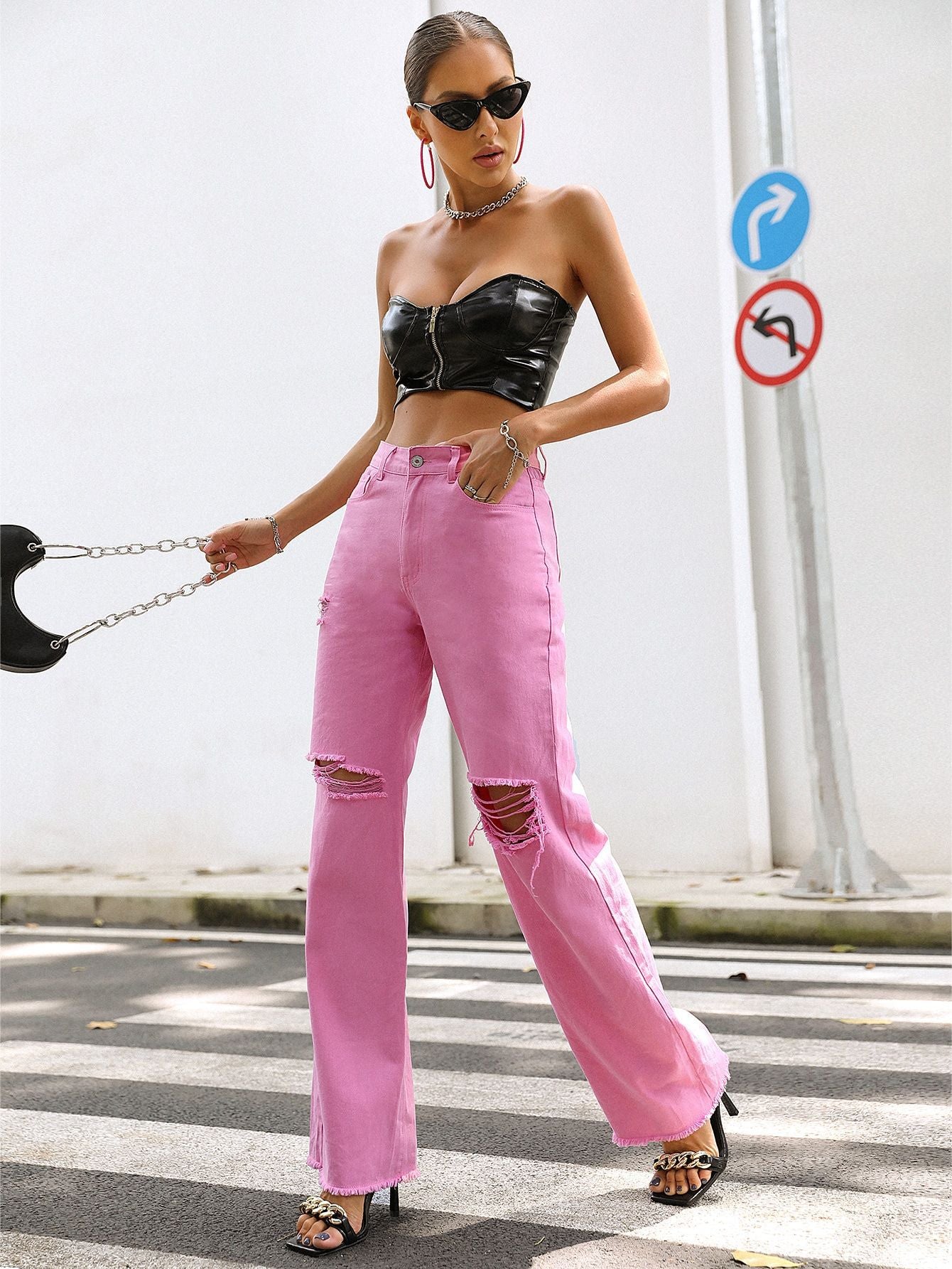 Women Clothing Holes Straight Loose Wide Leg Pants Spring Summer - ALZO