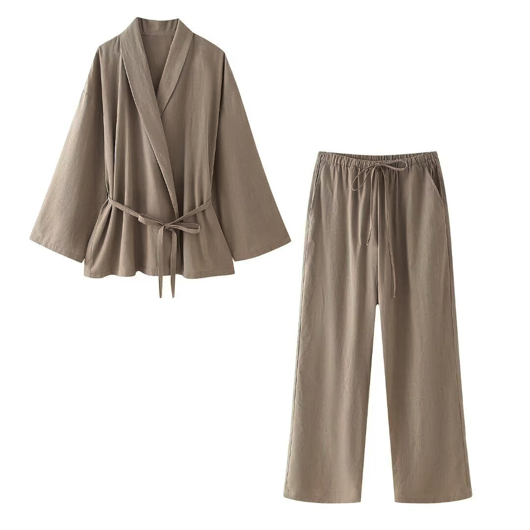 Women Clothing Casual Two Piece Sets Spring Autumn Kimono Lace up Top Pajamas Pants - ALZO