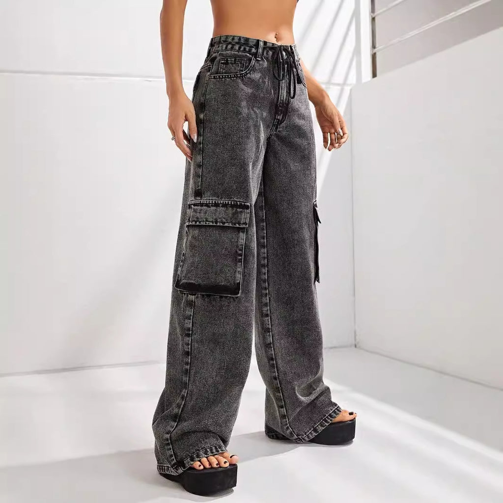 Women Clothing High Waist Large Pocket Slimming Loose Cargo Denim Trousers - ALZO