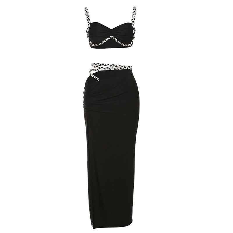 Spring Summer Women Clothing Cool Contrast Color Camisole Sexy Slim Side Slit Skirt Set