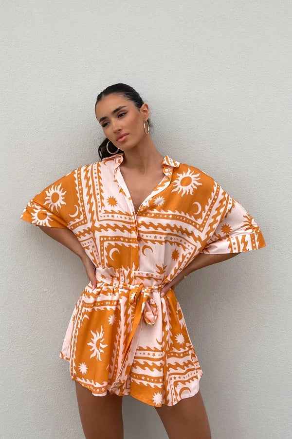 Summer Women Waist Controlled Lace up Geometric Abstract Printed Sexy Jumpsuit Amplified craft